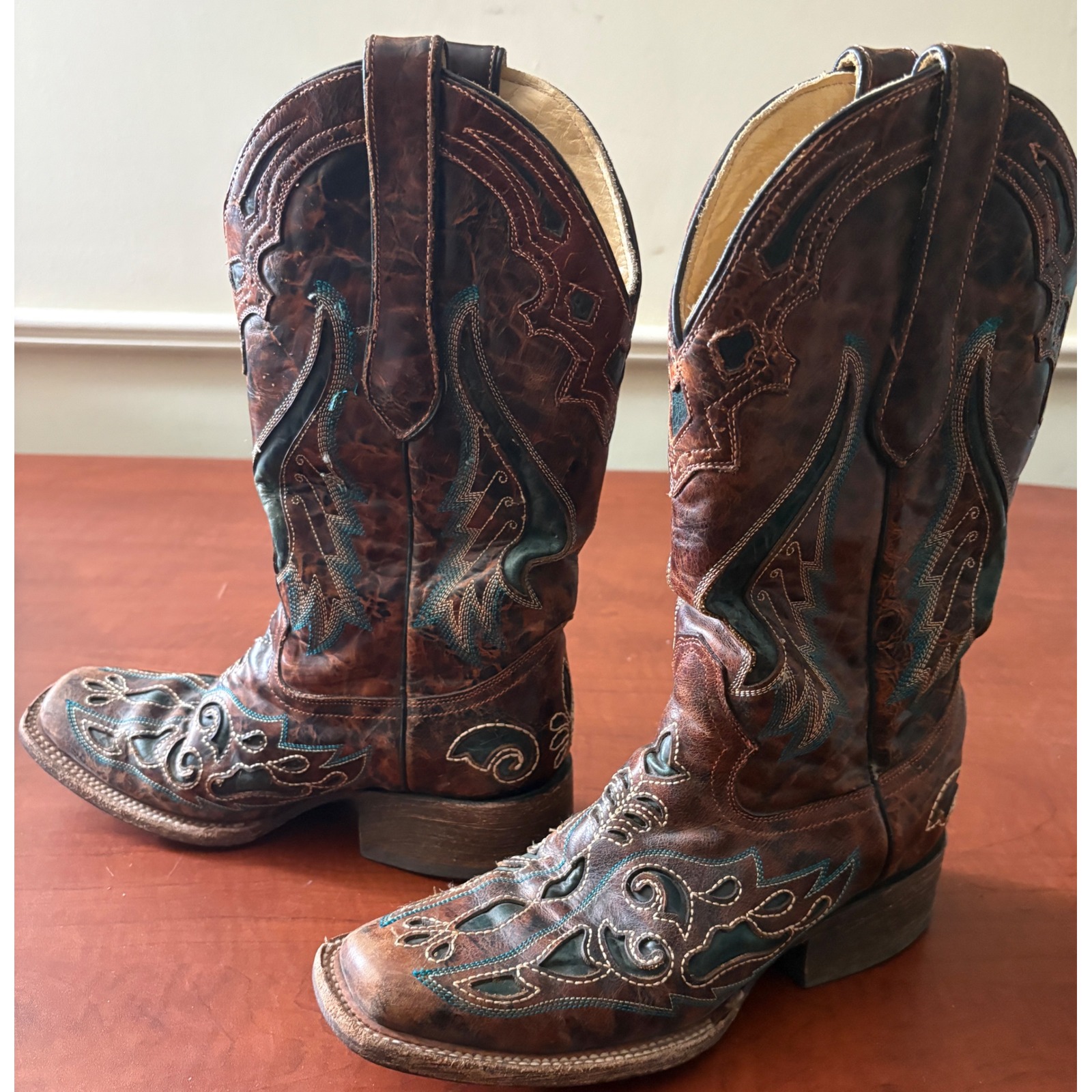 Corral Vintage Brown Teal Embroidered Leather Cowboy Boots Square Toe 6.5m 97303